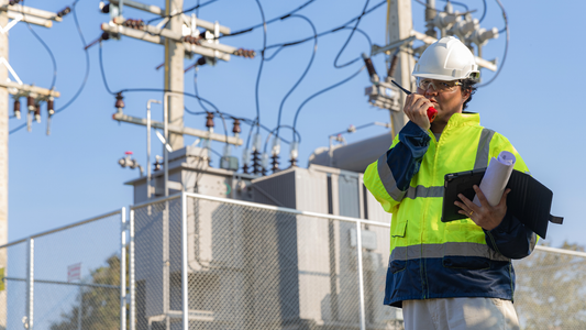 Engineer inspecting electrical substation equipment with tablet