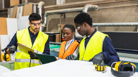Engineers reviewing project plans in the workplace
