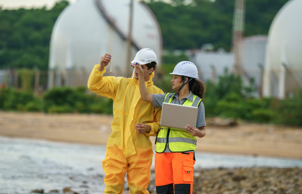 Environmental engineers inspecting water quality at an industrial site