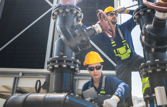 Mechanical engineers inspecting industrial piping system