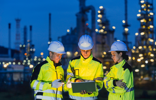Petroleum engineers reviewing data at an oil refinery